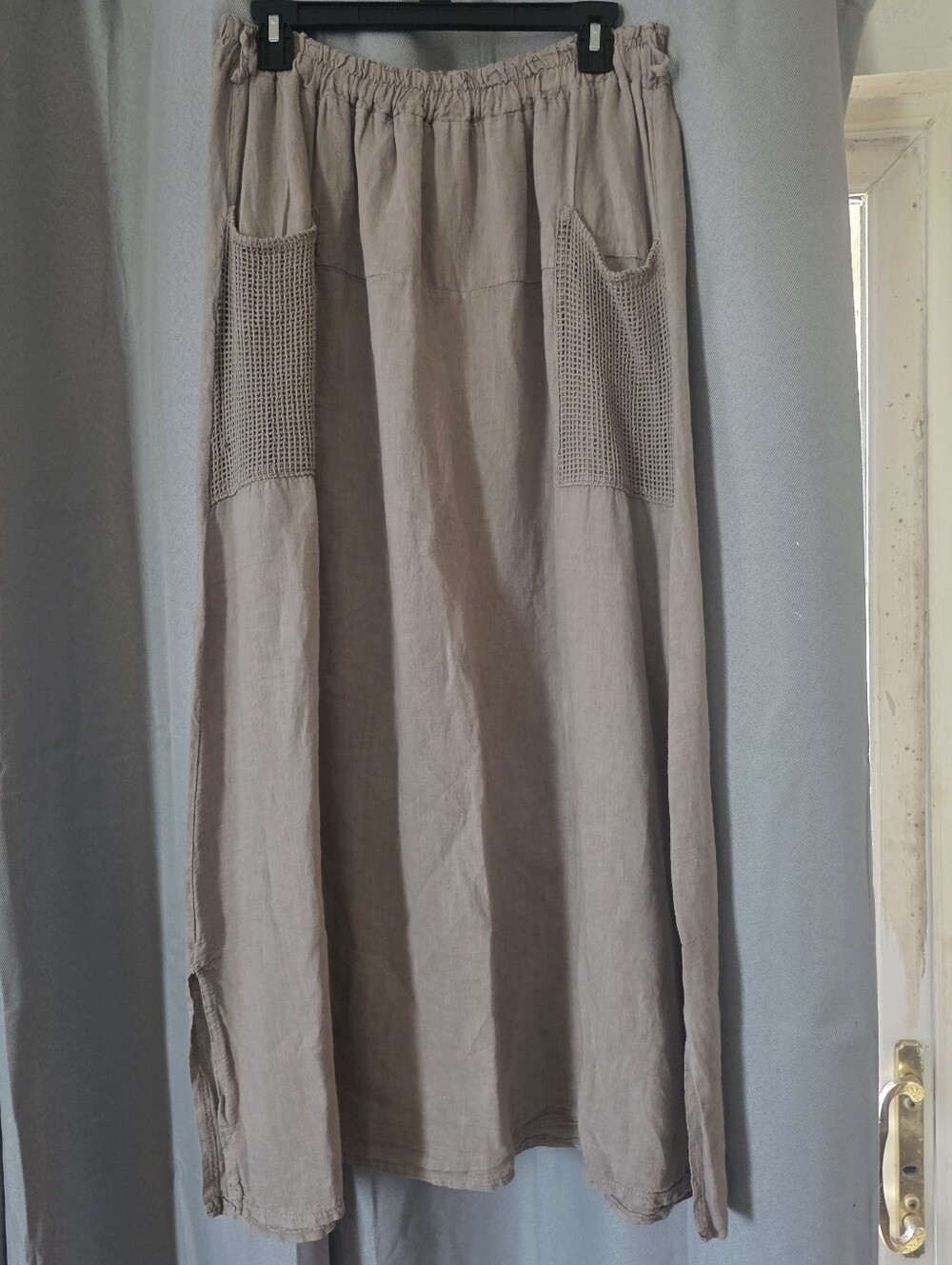 Made in Italy Natural Linen Maxi Skirt with Crochet Mesh Pockets